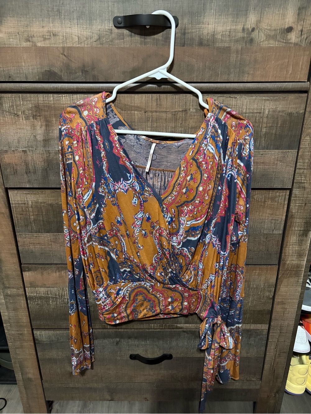 Free People Mustard and Navy Paisley Wrap Blouse